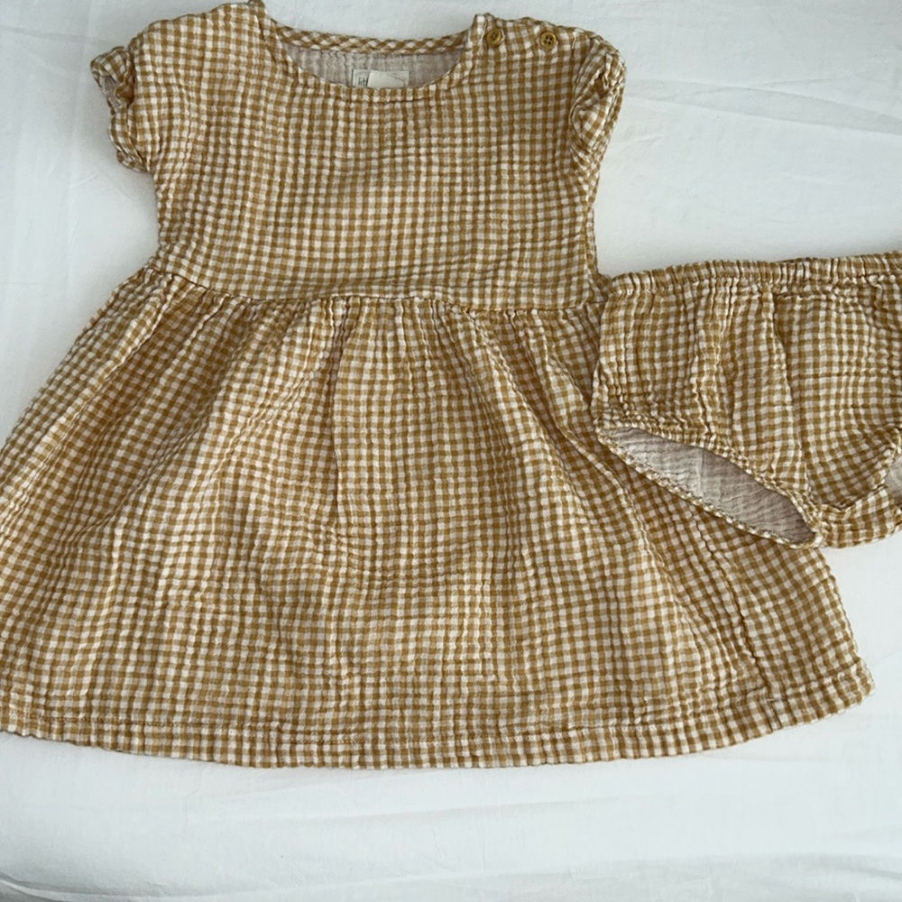 Soft Mustard Gingham Kids' Casual Dress with Matching Bloomers